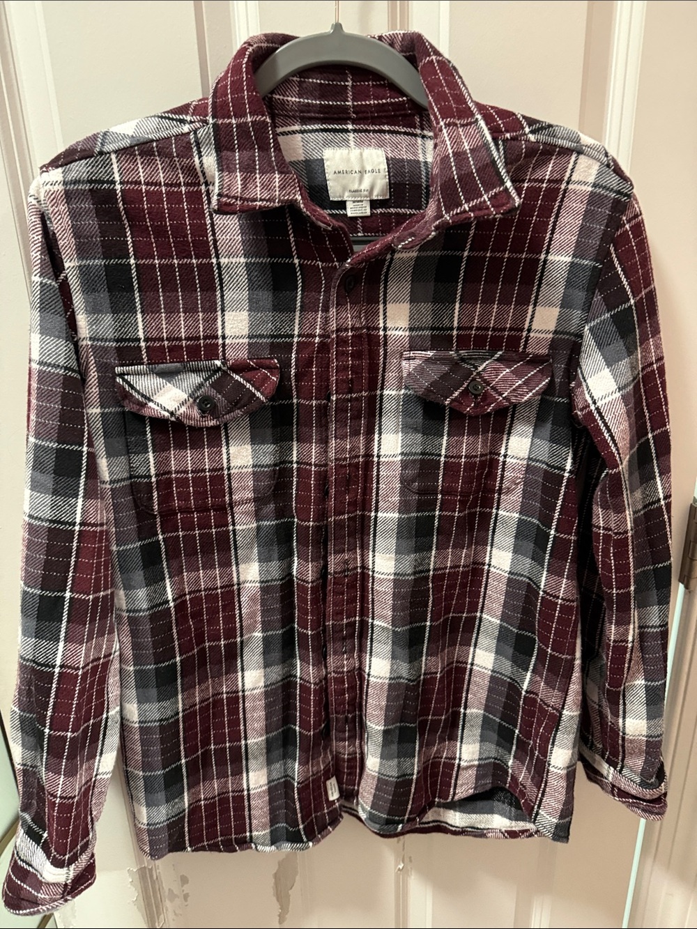 American Eagle Outfitters Maroon, Black and White Plaid Button-Down Shirt